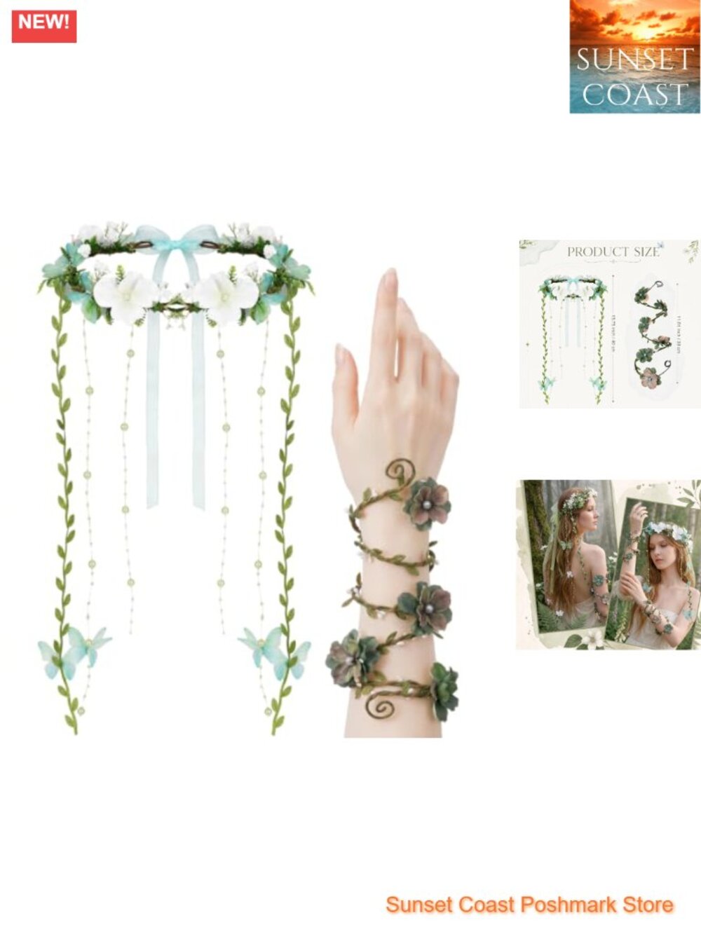 Renaissance Fairy Costume Set Floral Headpiece Arm Wrap Women Cosplay